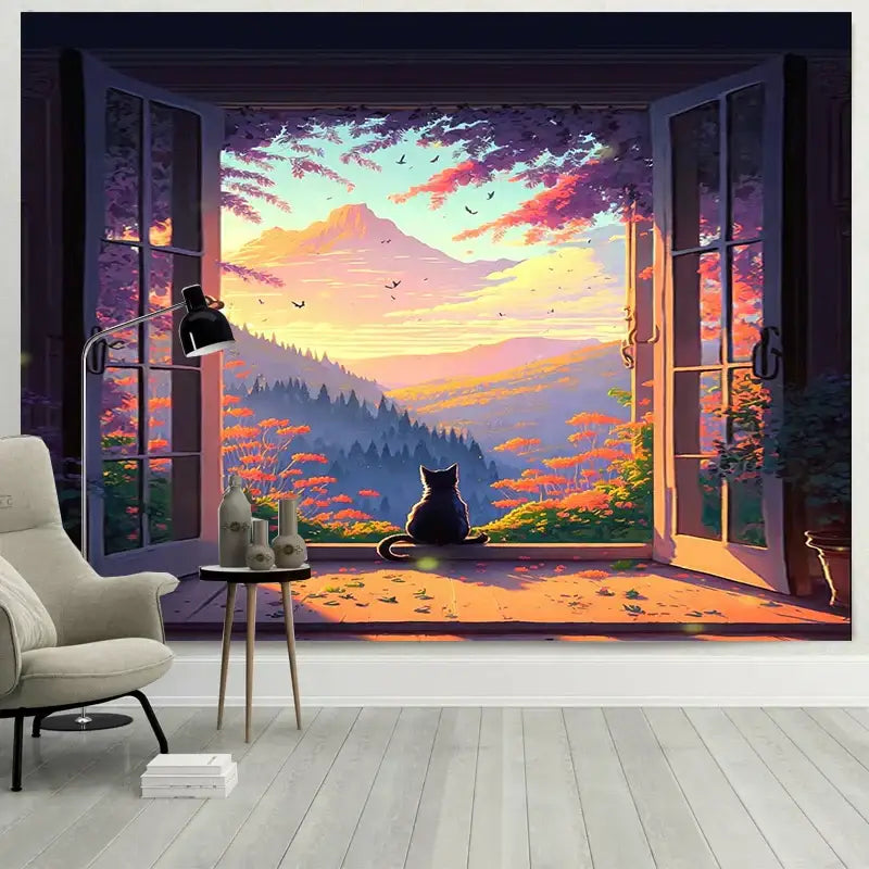 Dreamy window cat tapestry landscape wall cloth for bedroom