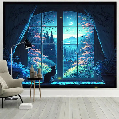 Dreamy window cat tapestry landscape wall cloth for bedroom