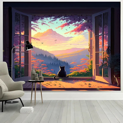 Dreamy window cat tapestry landscape wall cloth for bedroom
