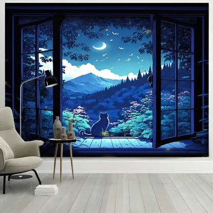 Dreamy window cat tapestry landscape wall cloth for bedroom