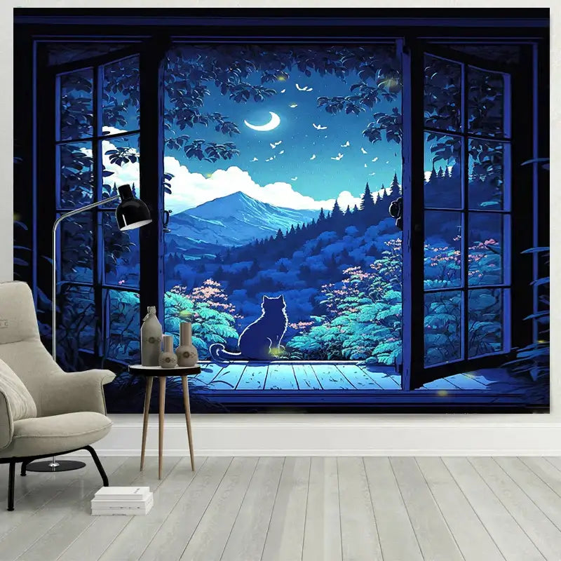 Dreamy window cat tapestry landscape wall cloth for bedroom