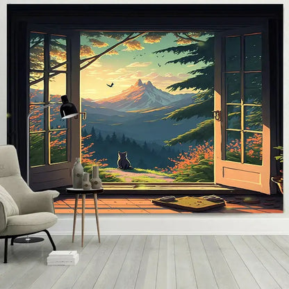 Dreamy window cat tapestry landscape wall cloth for bedroom