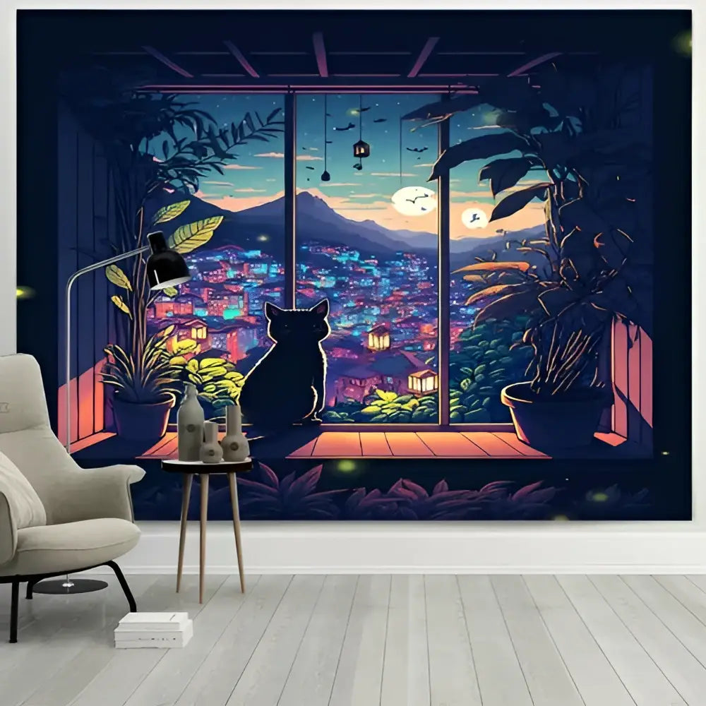 Dreamy window cat tapestry landscape wall cloth for bedroom