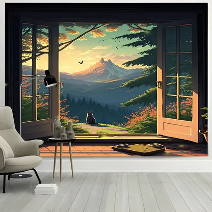 Dreamy window cat tapestry landscape wall cloth for bedroom