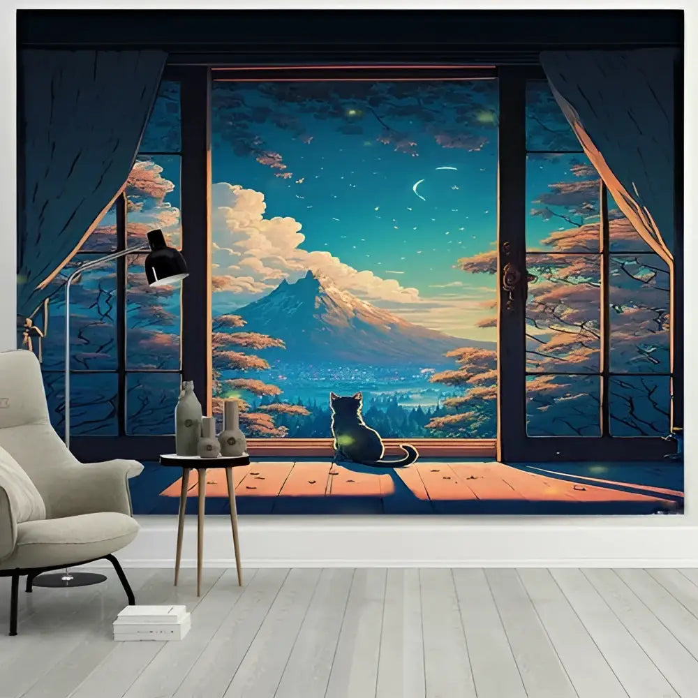 Dreamy window cat tapestry landscape wall cloth for bedroom