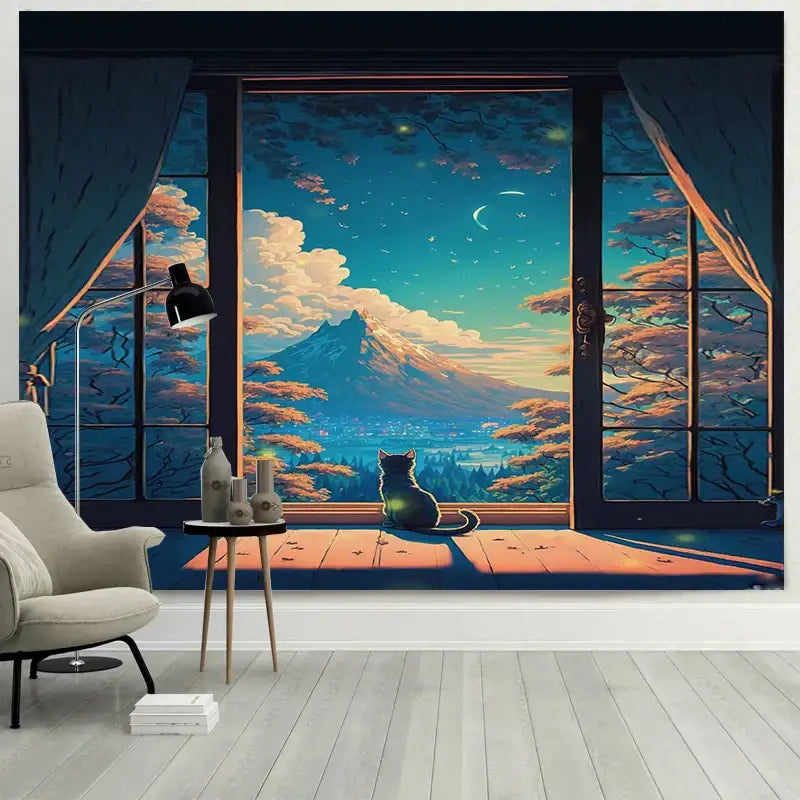 Dreamy window cat tapestry landscape wall cloth for bedroom