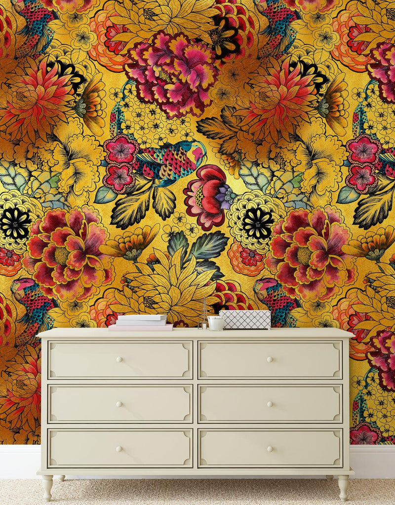 Japanese Art Koi Fish Peel and Stick Wallpaper. Gold Flowers Background. Removable Wall, view 2
