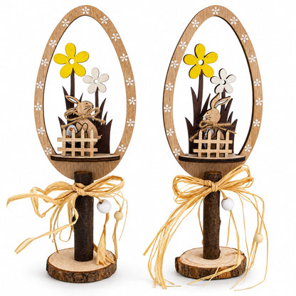 Set of 2 Rustic Wooden Easter Egg Tabletop Decorations With Bunny Scene 10.7 Inches Tall