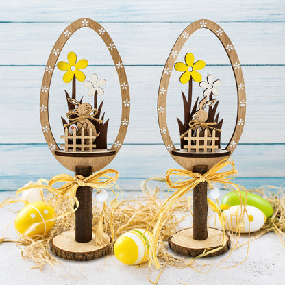 Set of 2 Rustic Wooden Easter Egg Tabletop Decorations With Bunny Scene 10.7 Inches Tall