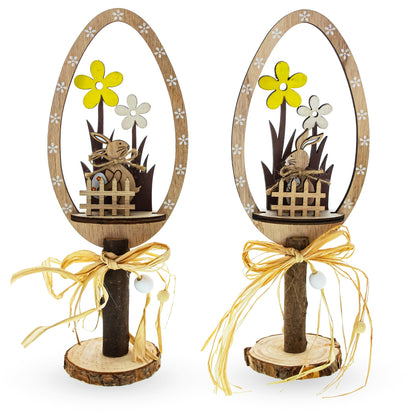 Set of 2 Rustic Wooden Easter Egg Tabletop Decorations With Bunny Scene 10.7 Inches Tall