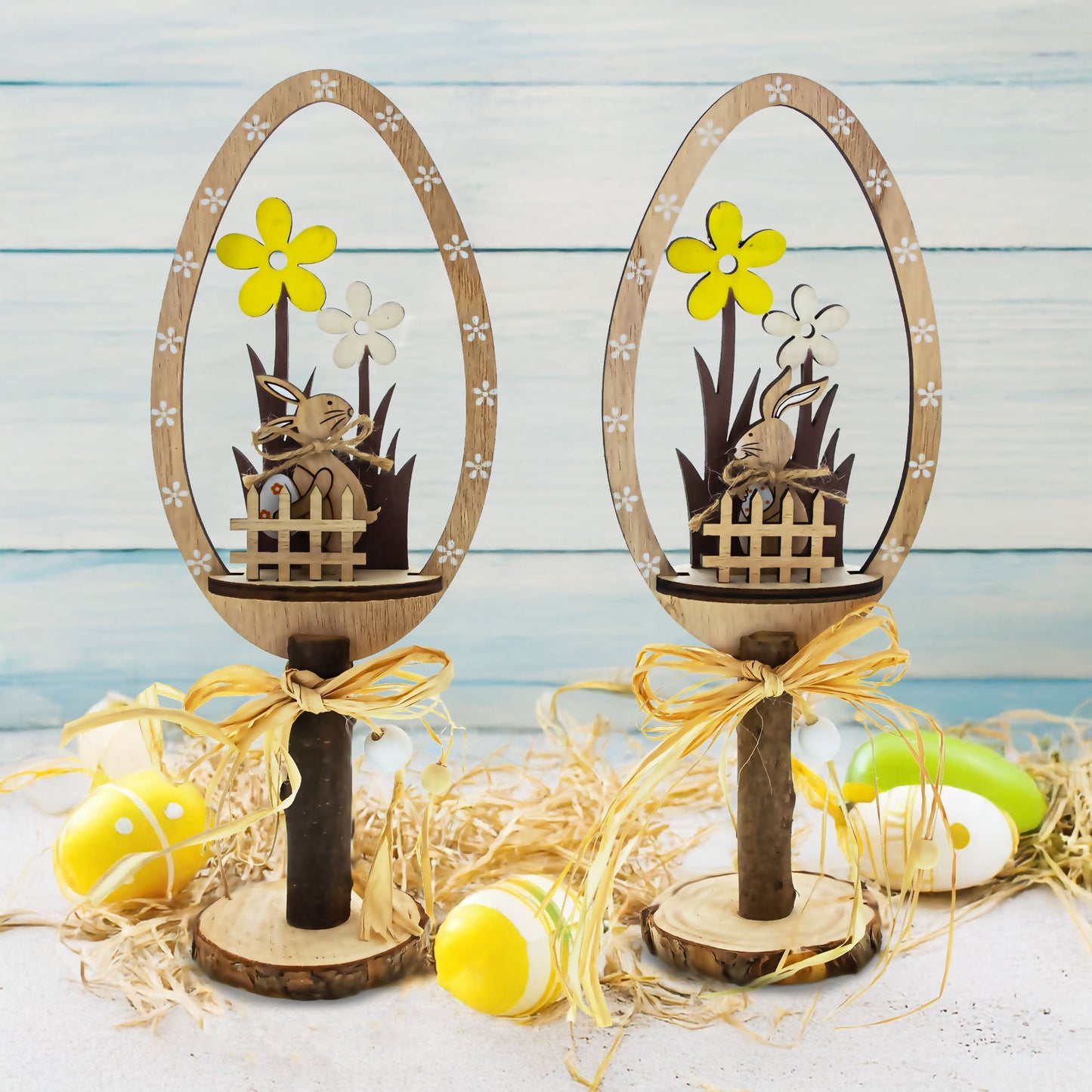 Set of 2 Rustic Wooden Easter Egg Tabletop Decorations With Bunny Scene 10.7 Inches Tall