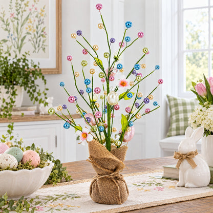 Easter Berry & Egg Floral Branch Arrangement Spring Tabletop Centerpiece with Burlap Base 17.5 Inches