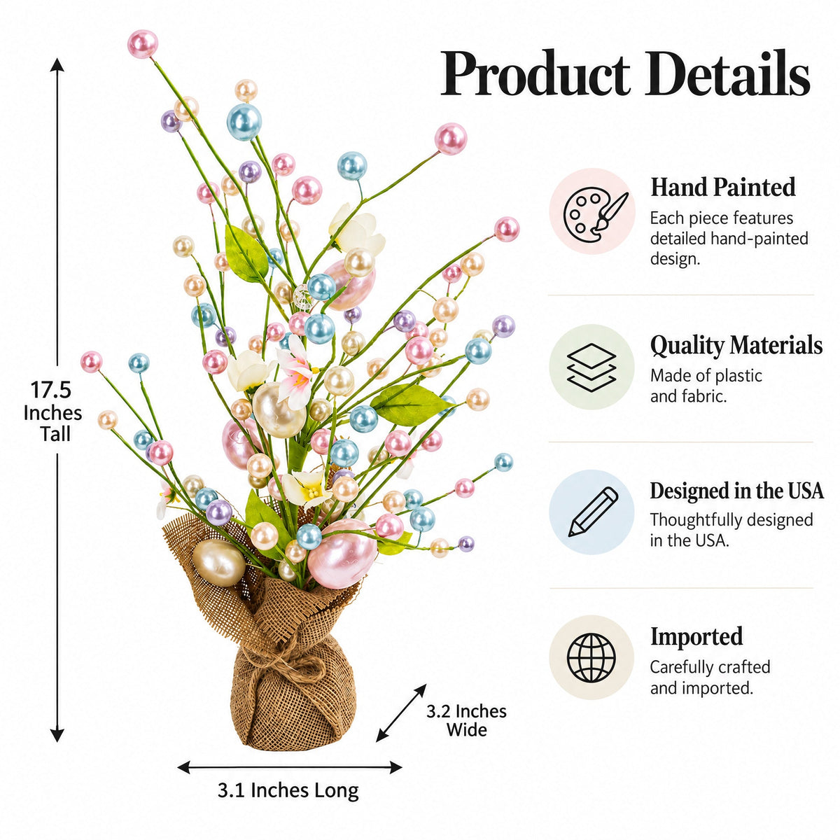 Easter Berry & Egg Floral Branch Arrangement Spring Tabletop Centerpiece with Burlap Base 17.5 Inches