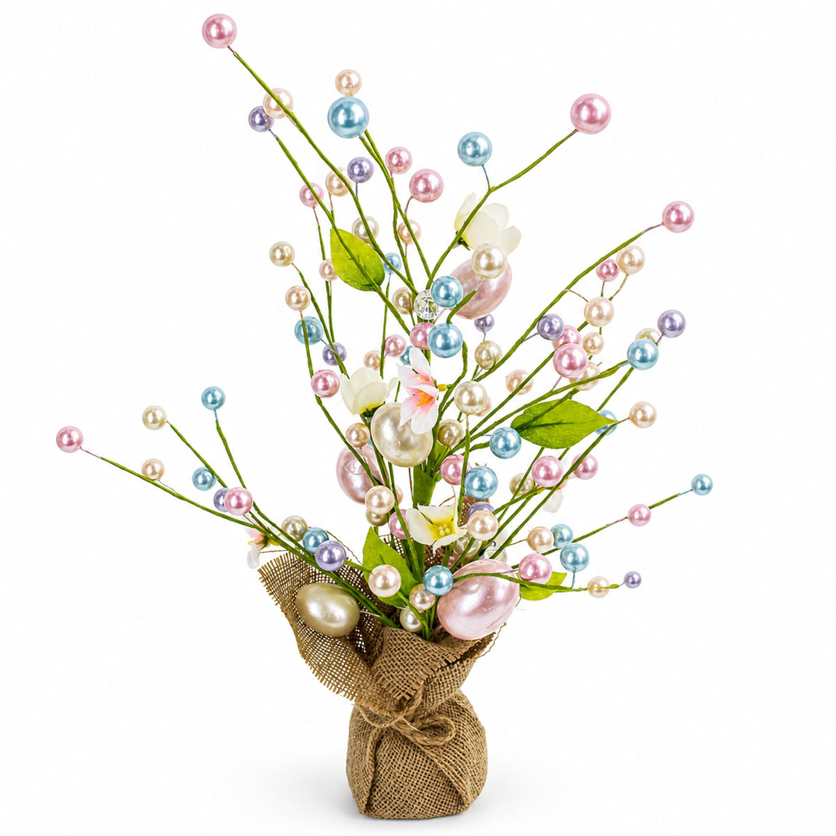 Easter Berry & Egg Floral Branch Arrangement Spring Tabletop Centerpiece with Burlap Base 17.5 Inches