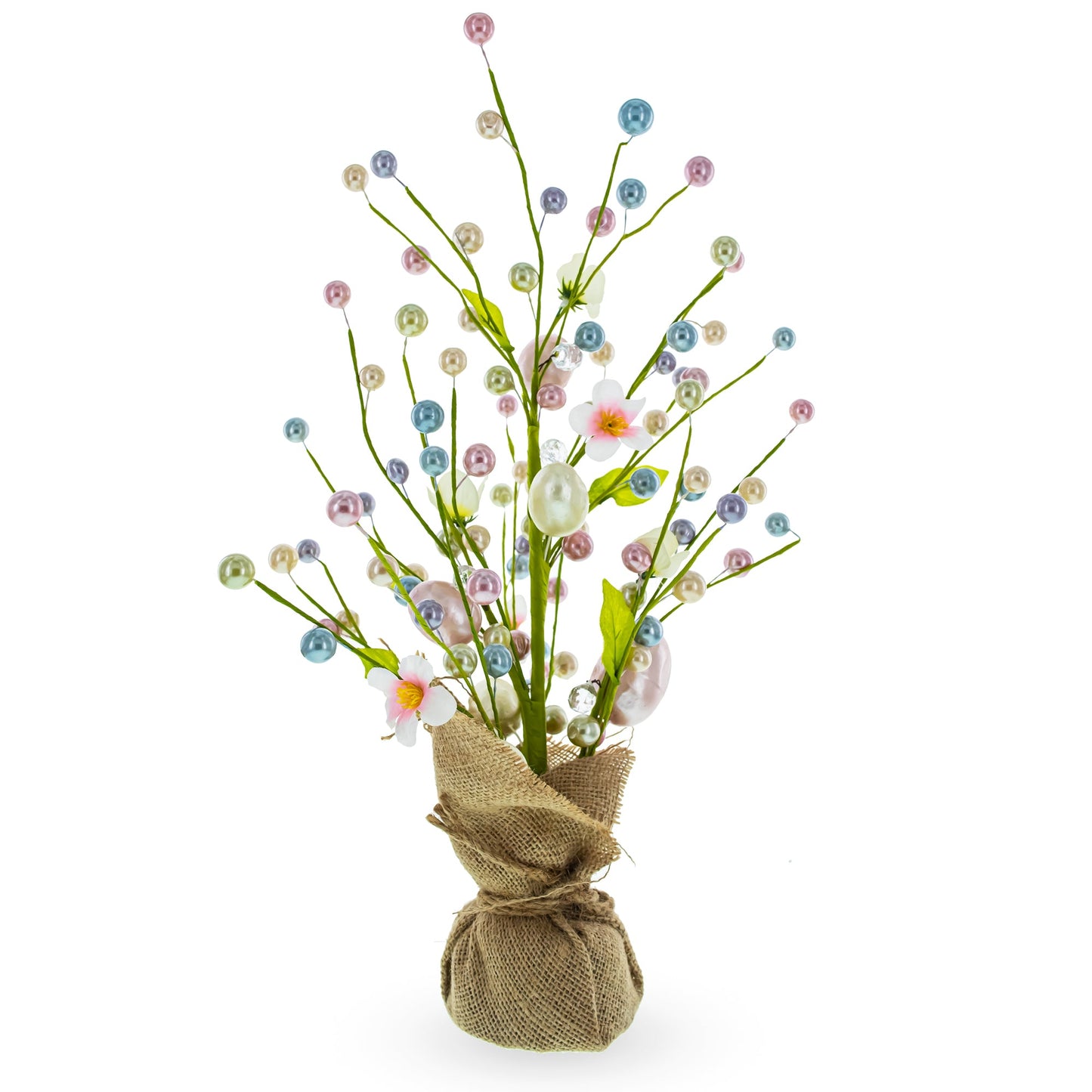 Easter Berry & Egg Floral Branch Arrangement Spring Tabletop Centerpiece with Burlap Base 17.5 Inches