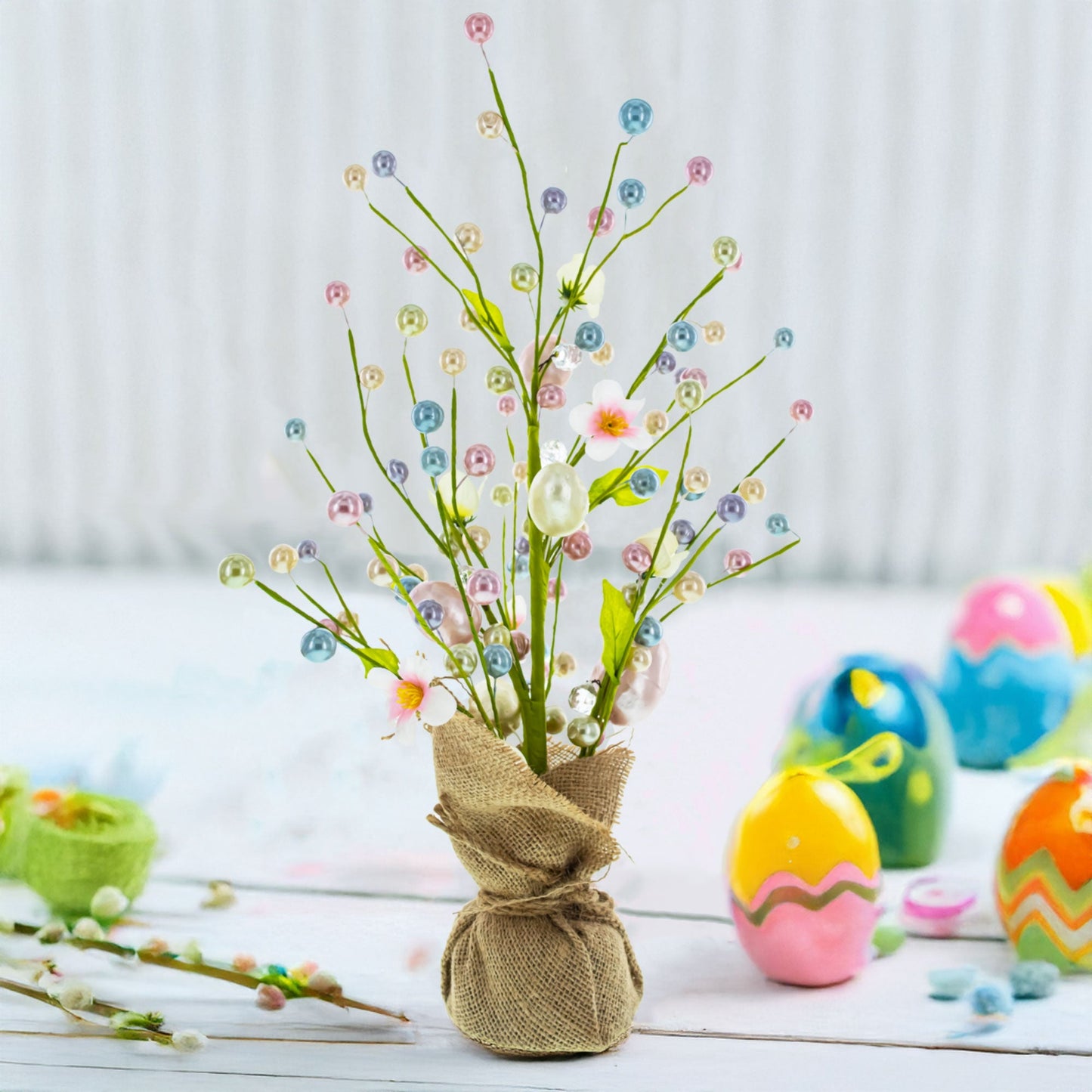 Easter Berry & Egg Floral Branch Arrangement Spring Tabletop Centerpiece with Burlap Base 17.5 Inches