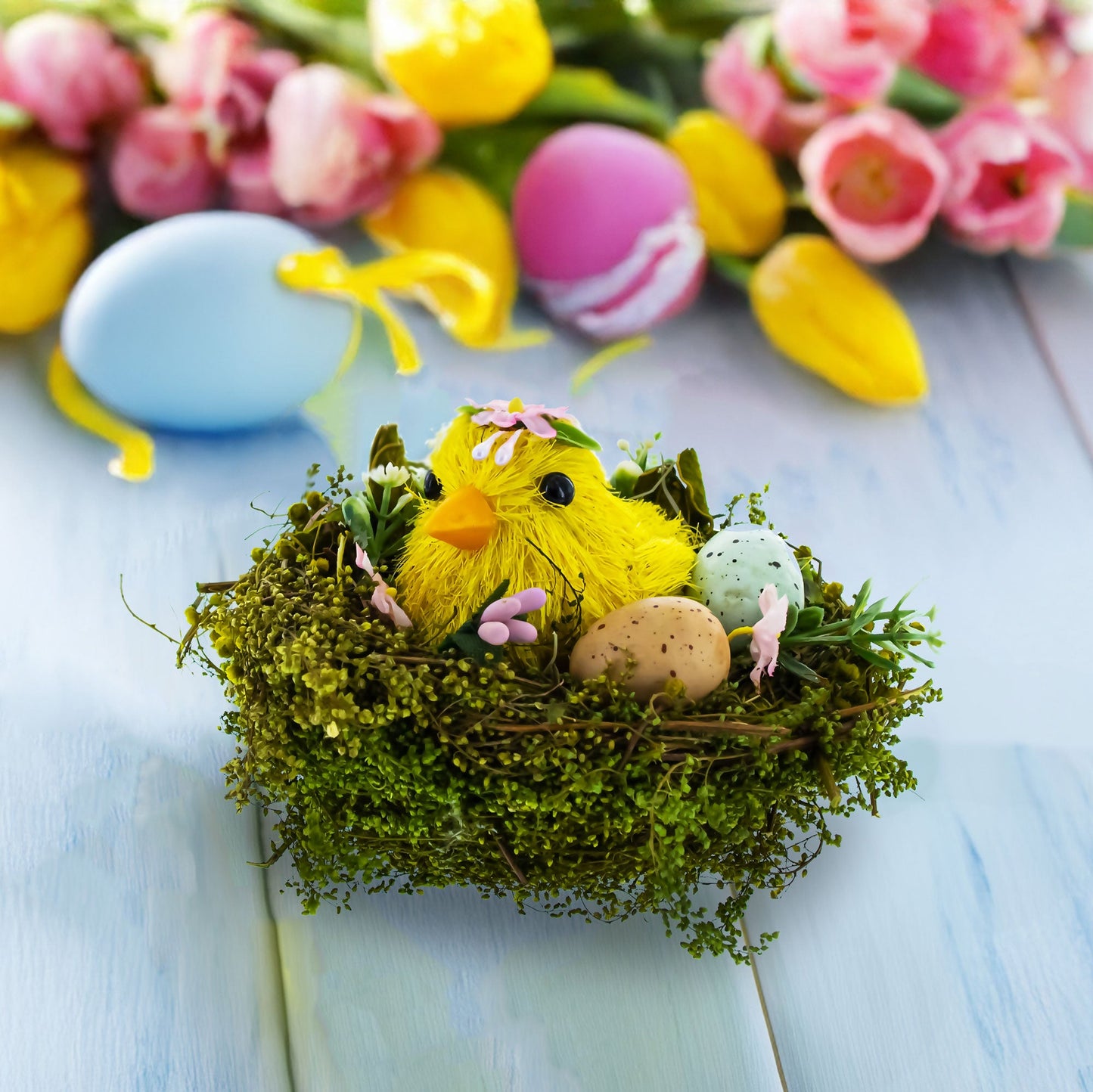 Nestled Chick Amidst Colorful Treasures Tabletop Figurine 3.3 Inches Tall