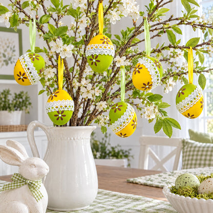 Set of 6 Yellow Green Lace-Trimmed Hanging Floral Easter Egg Ornaments