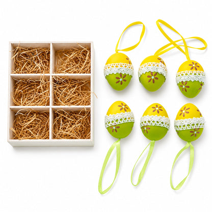 Set of 6 Yellow Green Lace-Trimmed Hanging Floral Easter Egg Ornaments