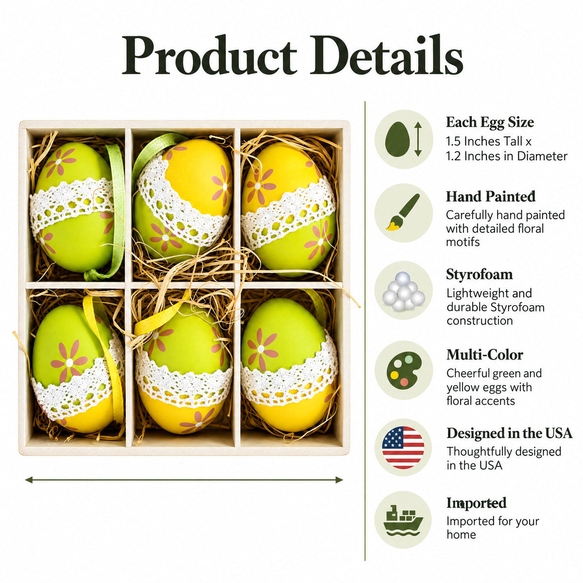 Set of 6 Yellow Green Lace-Trimmed Hanging Floral Easter Egg Ornaments