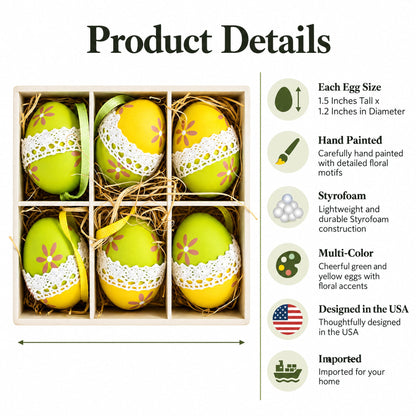 Set of 6 Yellow Green Lace-Trimmed Hanging Floral Easter Egg Ornaments
