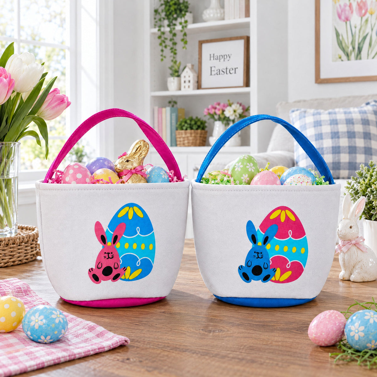 Set of 2 Easter Bunny Tote Bags – Soft Fabric Egg Hunt Baskets Carry Pouches for Kids 9.5 Inches Tall
