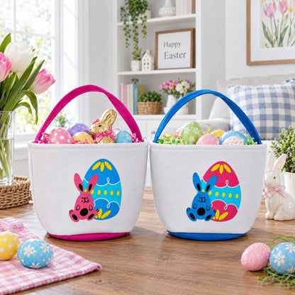 Set of 2 Easter Bunny Tote Bags – Soft Fabric Egg Hunt Baskets Carry Pouches for Kids 9.5 Inches Tall