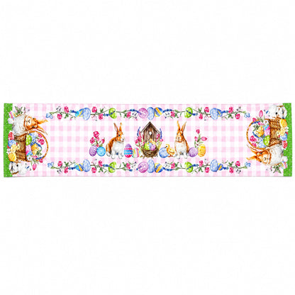 Fabric Easter Table Runner Featuring Playful Bunnies and Pastel Eggs 73 Inches Long