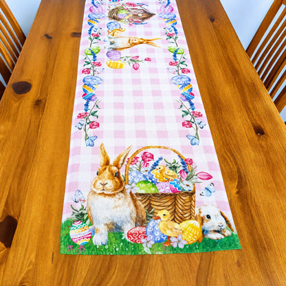 Fabric Easter Table Runner Featuring Playful Bunnies and Pastel Eggs 73 Inches Long