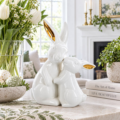 Elegant Ceramic Mother Bunny with Baby Figurine 8 Inches Tall
