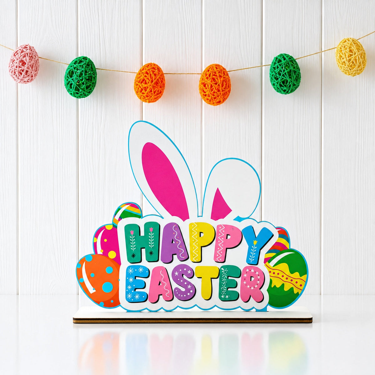 Happy Easter Wooden Tabletop Cutout With Bunny and Egg Artwork 6.5 Inches Tall