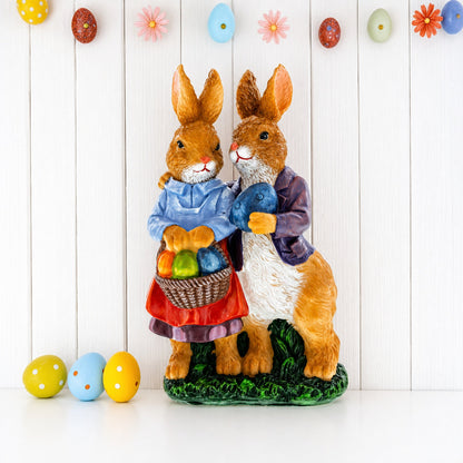 Loving Easter Bunny Pair Figurine With Festive Basket 6.2 Inches Tall