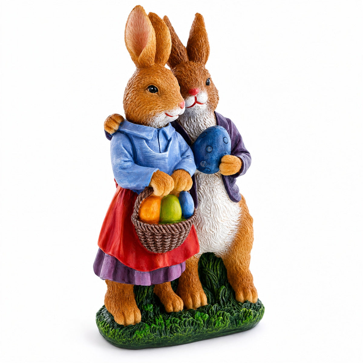Loving Easter Bunny Pair Figurine With Festive Basket 6.2 Inches Tall