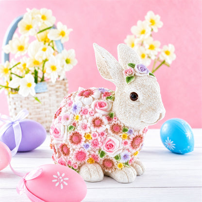 Hand Painted Resin Bunny With Elegant Garden Blooms 7.1 Inches Tall