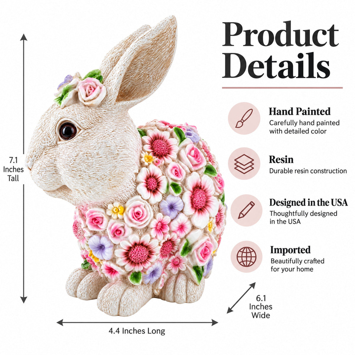 Hand Painted Resin Bunny With Elegant Garden Blooms 7.1 Inches Tall