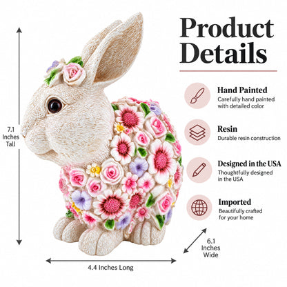 Hand Painted Resin Bunny With Elegant Garden Blooms 7.1 Inches Tall