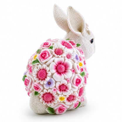 Hand Painted Resin Bunny With Elegant Garden Blooms 7.1 Inches Tall