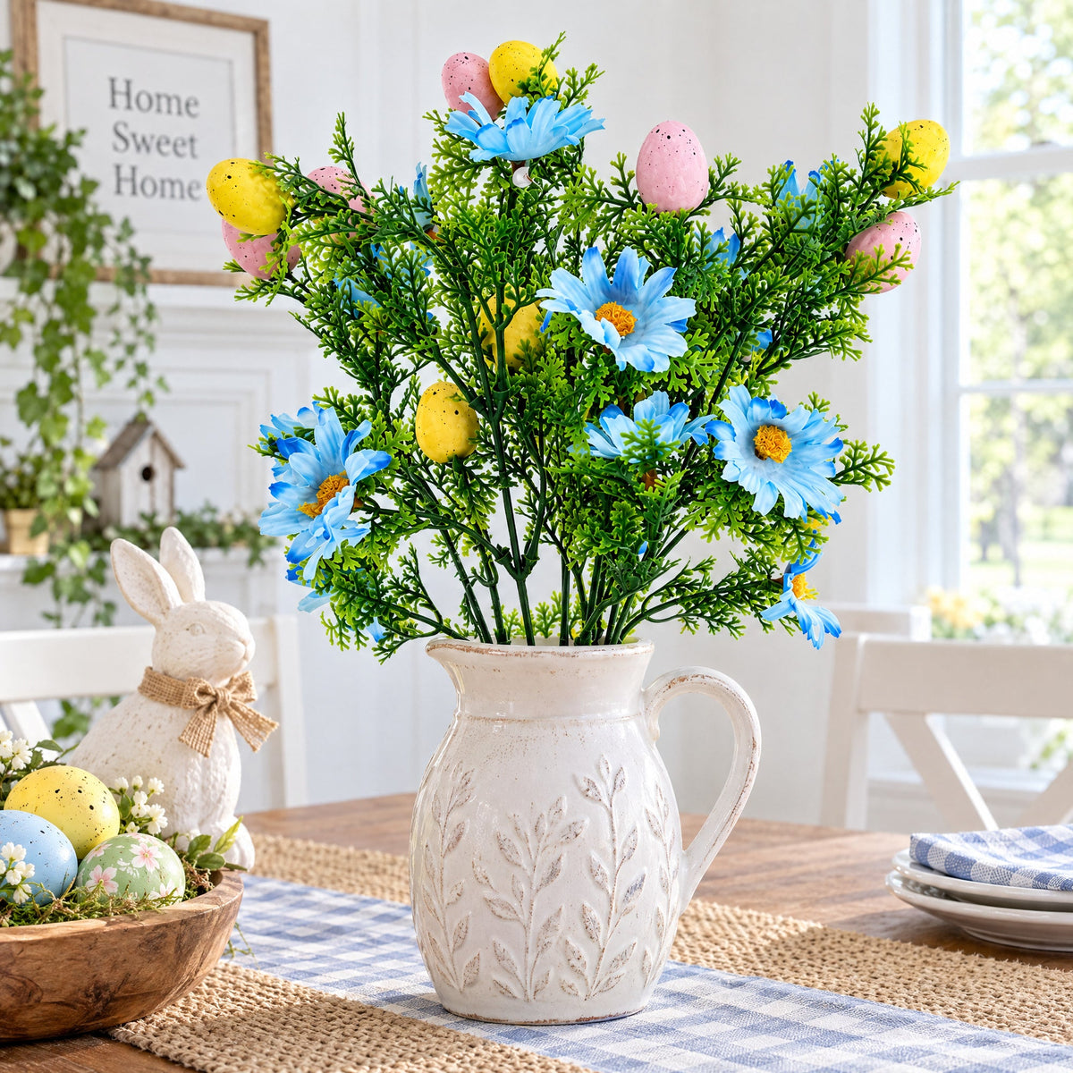 Easter Egg & Floral Bouquet – Artificial Spring Flowers with Decorative Speckled Eggs 13.5 Inches Tall