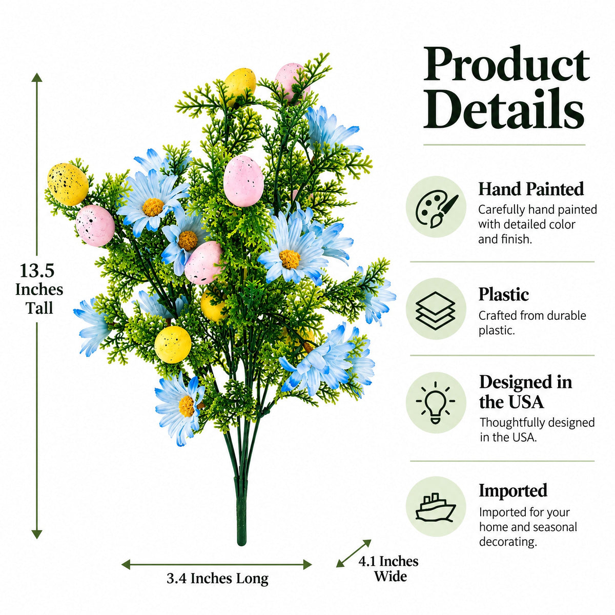 Easter Egg & Floral Bouquet – Artificial Spring Flowers with Decorative Speckled Eggs 13.5 Inches Tall