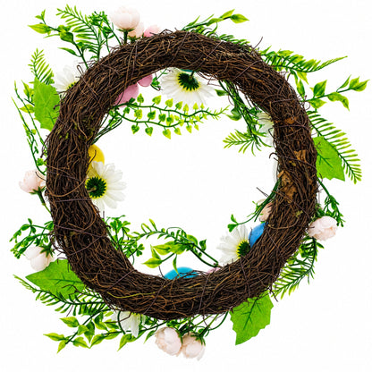 Festive Easter Floral Door Wreath with Pastel Speckled Eggs