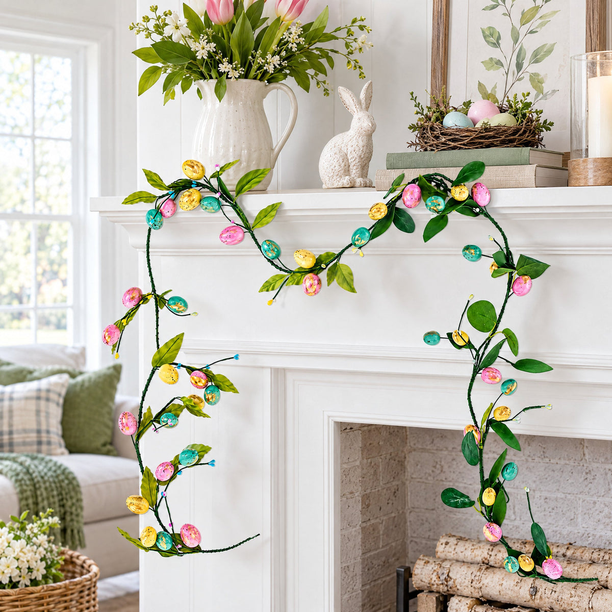 Set of 2 Easter Egg and Leaf Garland With Pastel Speckled Eggs Spring Hanging Decor 6.6 Inches Tall