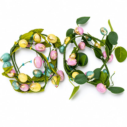Set of 2 Easter Egg and Leaf Garland With Pastel Speckled Eggs Spring Hanging Decor 6.6 Inches Tall
