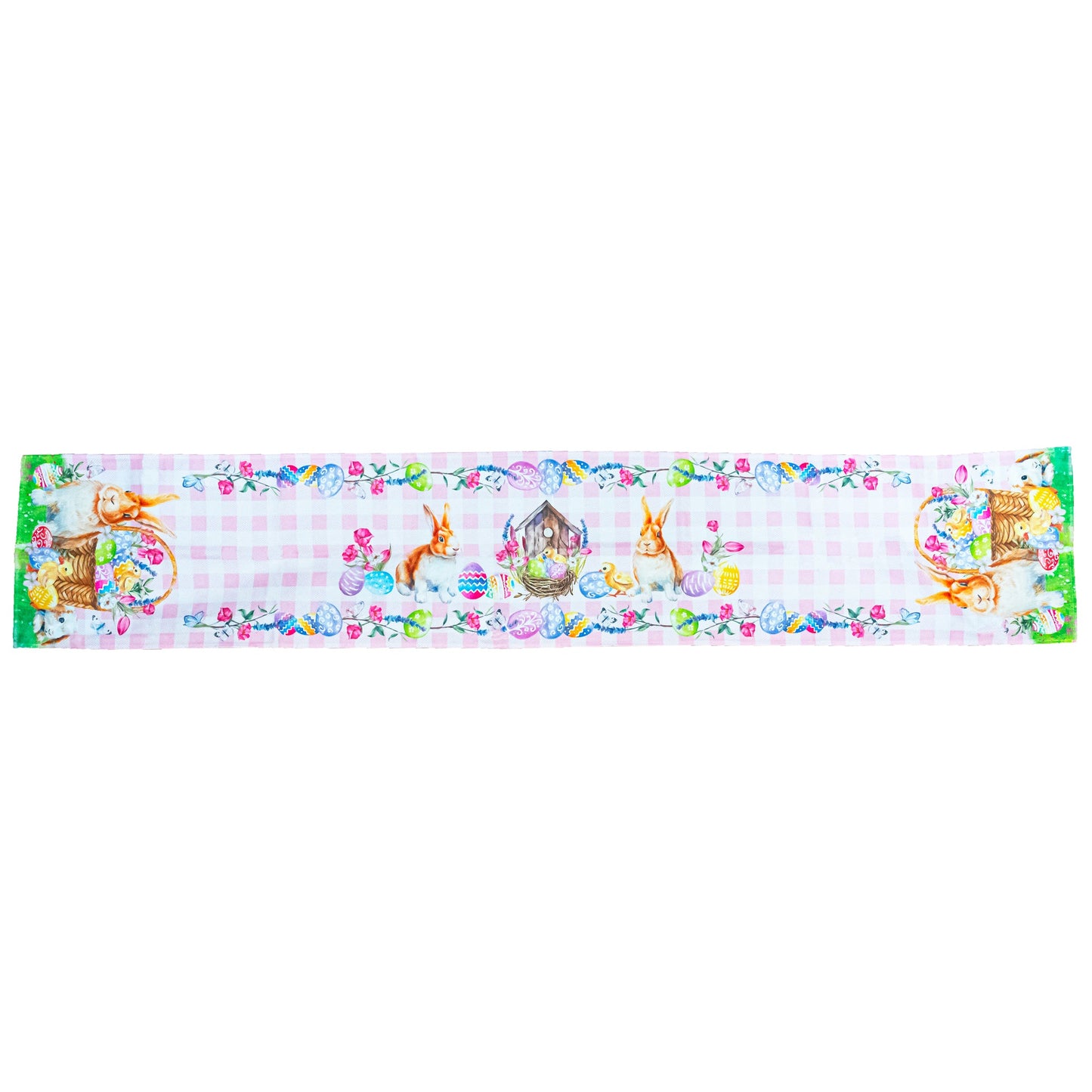 Fabric Easter Table Runner Featuring Playful Bunnies and Pastel Eggs 73 Inches Long