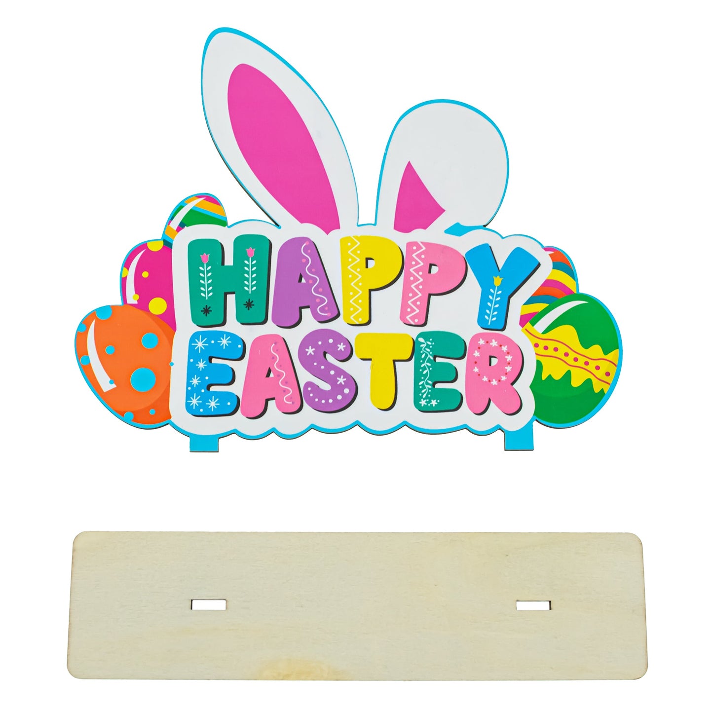 Happy Easter Wooden Tabletop Cutout With Bunny and Egg Artwork 6.5 Inches Tall