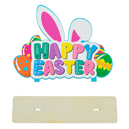 Happy Easter Wooden Tabletop Cutout With Bunny and Egg Artwork 6.5 Inches Tall