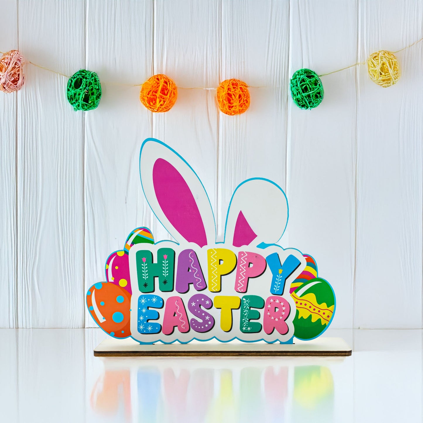 Happy Easter Wooden Tabletop Cutout With Bunny and Egg Artwork 6.5 Inches Tall