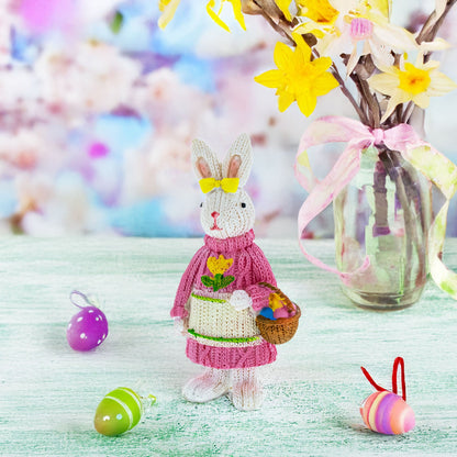 Bunny Figure with Pastel Basket and Sweater Detail 5.8 Inches Tall