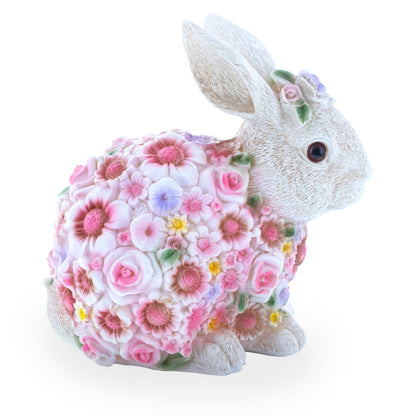Hand Painted Resin Bunny With Elegant Garden Blooms 7.1 Inches Tall