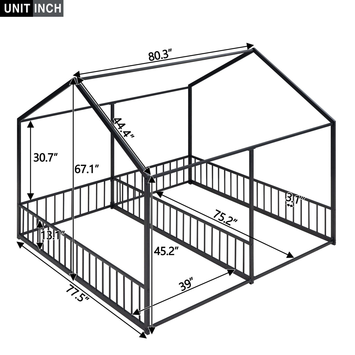 House Platform Beds, 2 Shared Beds, Metal Frame With Guardrails