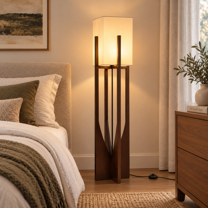 Minimalist Japanese Zen Floor Lamp, Solid Wood Standing Lamp with Soft Fabric Shade
